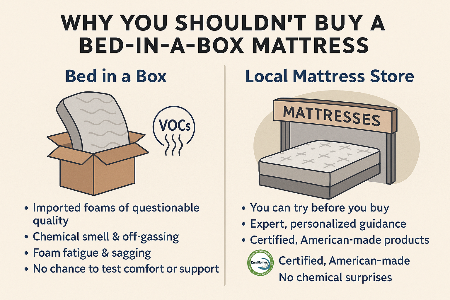 Infographic comparing bed-in-a-box mattresses made with imported foam and VOC fumes versus locally purchased mattresses featuring CertiPUR-US® certified American-made foam, healthy sleep icons, and a customer testing comfort in-store.