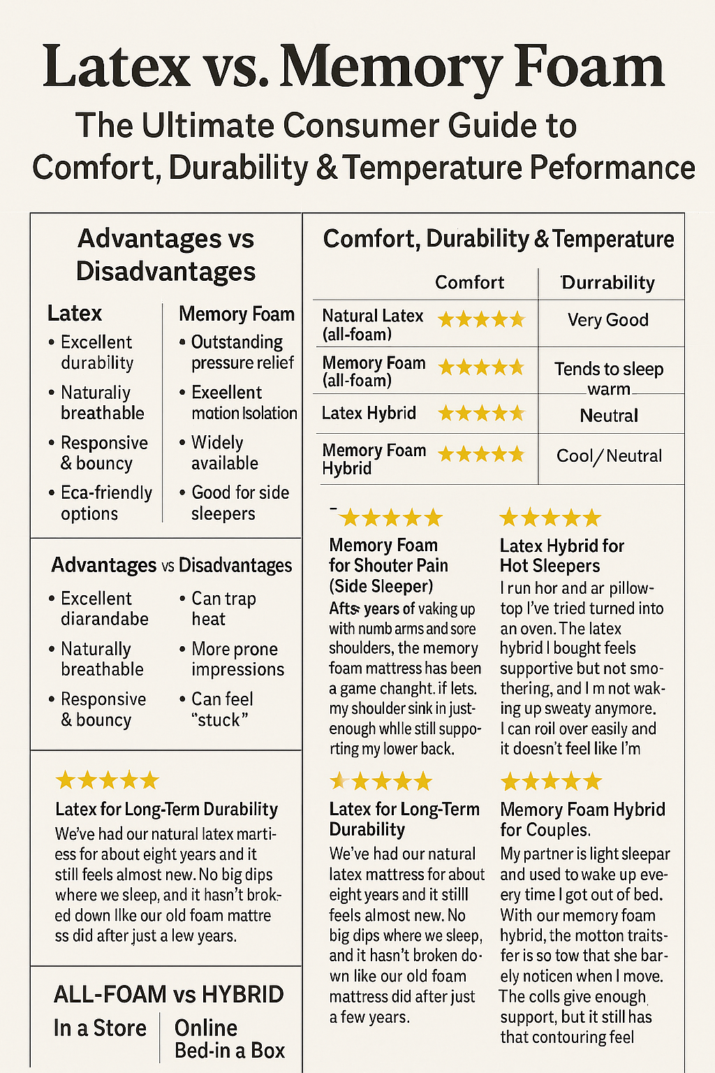 Informational graphic comparing latex and memory foam mattresses with charts for comfort, durability, and temperature, plus sample five-star reviews and pros and cons for each material.