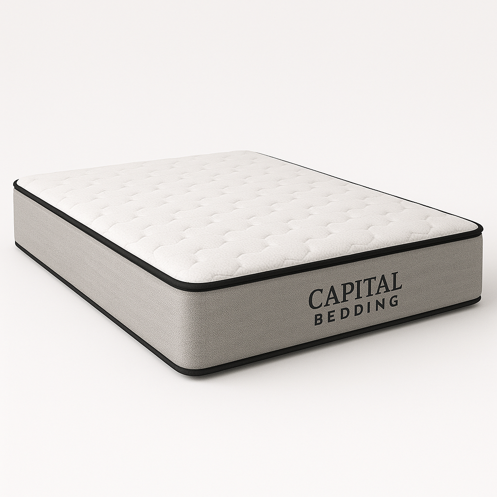 Capital Bedding Health & Wellness mattress with white top, light grey sides, and black trim