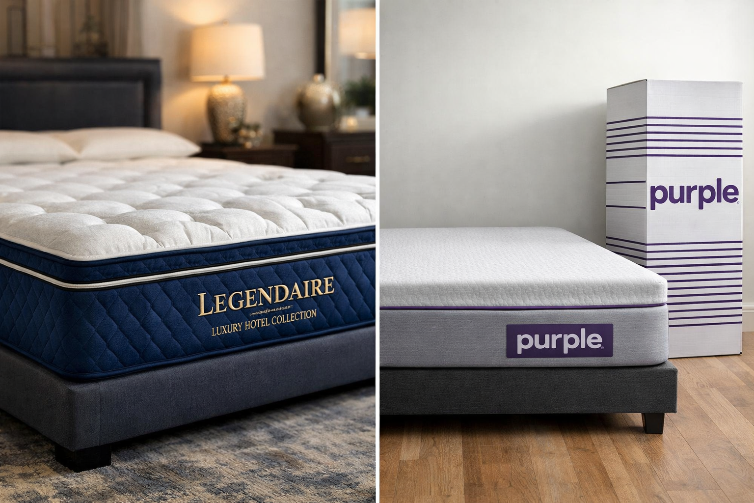 Legendaire commercial grade blue mattress beside Purple bed in a box mattress showing hotel quality construction vs boxed online mattress
