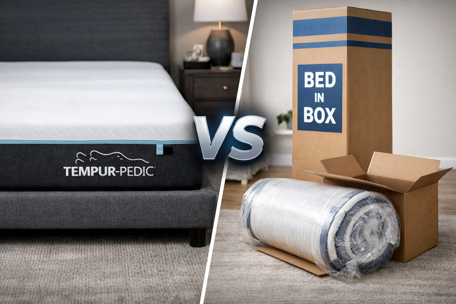 Tempur-Pedic mattress beside bed-in-a-box comparison showing American-made foam vs compressed online mattress
